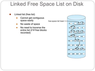 Linked Free Space List on Disk
 Linked list (free list)
 Cannot get contiguous
space easily
 No waste of space
 No need to traverse the
entire list (if # free blocks
recorded)
 