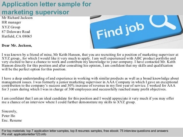 Marketing Supervisor Application Letter