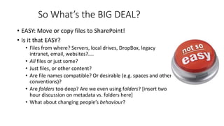 So What’s the BIG DEAL?
• EASY: Move or copy files to SharePoint!
• Is it that EASY?
• Files from where? Servers, local drives, DropBox, legacy
intranet, email, websites?....
• All files or just some?
• Just files, or other content?
• Are file names compatible? Or desirable (e.g. spaces and other
conventions)?
• Are folders too deep? Are we even using folders? [insert two
hour discussion on metadata vs. folders here]
• What about changing people’s behaviour?
 