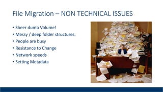 File Migration – NON TECHNICAL ISSUES
• Sheer dumb Volume!
• Messy / deep folder structures.
• People are busy
• Resistance to Change
• Network speeds
• Setting Metadata
 