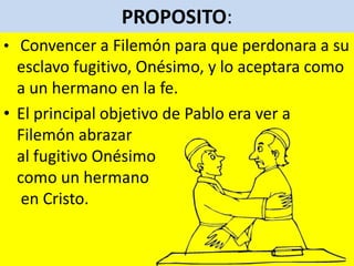 PROPOSITO:Convencer a Filemón para que perdonara a su esclavo fugitivo, Onésimo, y lo aceptara como a un hermano en la fe. El principal objetivo de Pablo era ver a Filemón abrazar al fugitivo Onésimo como un hermanoen Cristo. 