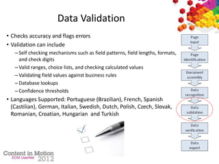 Data Validation
• Checks accuracy and flags errors
• Validation can include
– Self checking mechanisms such as field patterns, field lengths, formats,
and check digits
– Valid ranges, choice lists, and checking calculated values
– Validating field values against business rules
– Database lookups
– Confidence thresholds
• Languages Supported: Portuguese (Brazilian), French, Spanish
(Castilian), German, Italian, Swedish, Dutch, Polish, Czech, Slovak,
Romanian, Croatian, Hungarian and Turkish
 