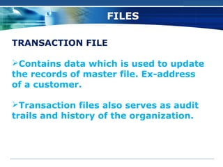 wps.cn/moban



                   FILES

TRANSACTION FILE

Contains data which is used to update
the records of master file. Ex-address
of a customer.

Transaction files also serves as audit
trails and history of the organization.
 