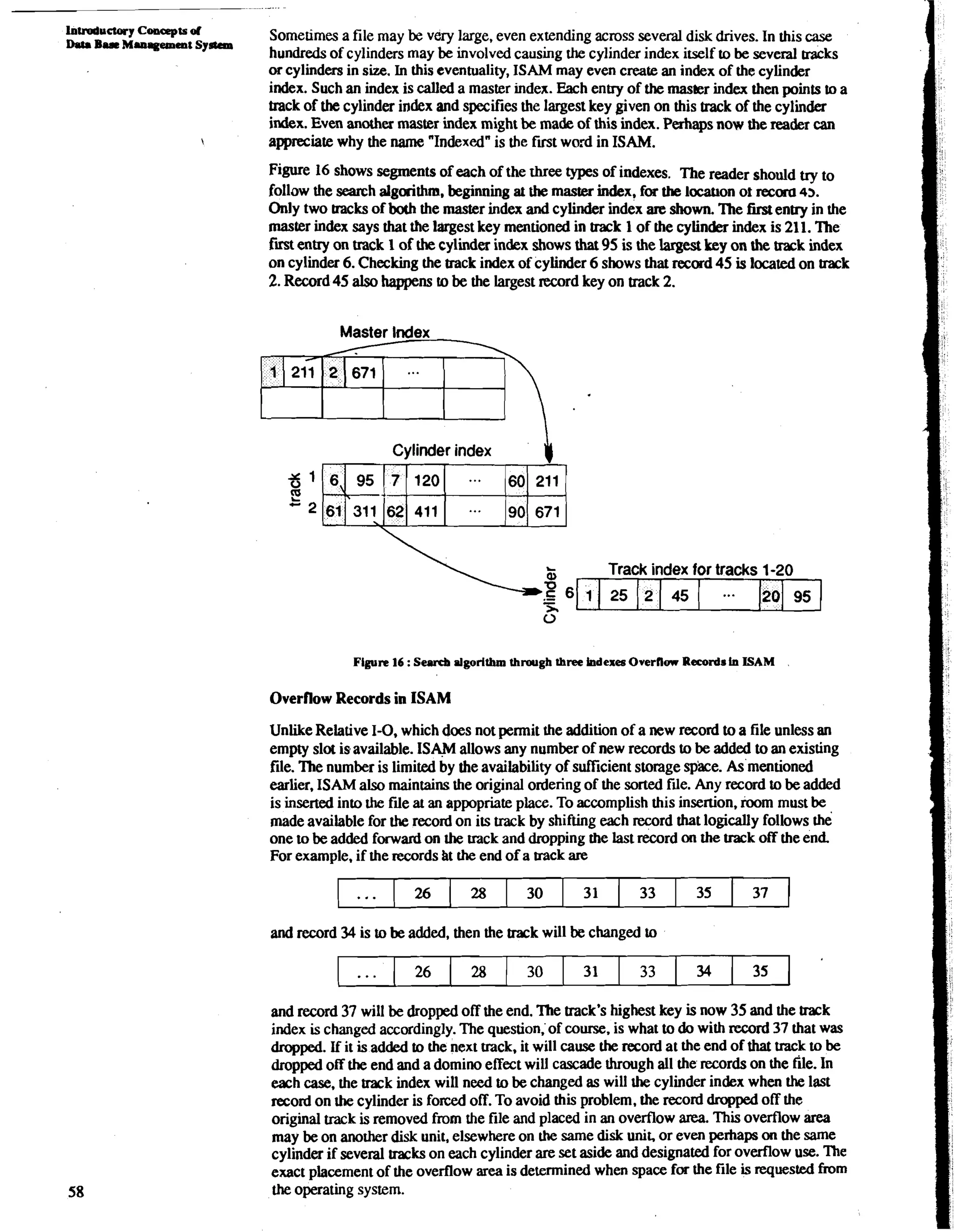 lolmductory Colroepts d 
Dst. BuM m~qommSt yacm 
Sometimes a file may be very large, even extending across several disk drives. In this case 
hundreds of cylinders may be involved causing the cylinder index itself to be several tracks 
or cylinders in size. In this eventuality, ISAM may even create an index of the cylinder 
index. Such an index is called a master index. Each entry of the master index then points to a 
track of the cylinder index and specifies the largest key given on this track of the cylinder 
index. Even another master index might be made of this index. Perhaps now the reader can 
I appreciate why the name "Indexed" is the first word in ISAM. 
Figure 16 shows segments of each of the three types of indexes. The reader should try to 
follow the search dgaithm, beginning at the master index, for the location ot recam 43. 
Only two tracks of both the master index and cylinder index are shown. The first entry in the 
master index says that the largest key mentioned in track 1 of the cylinder index is 211. The 
first entry on track 1 of the cylinder index shows that 95 is the west key on the track index 
on cylinder 6. Checking the track index of cylinder 6 shows that record 45 is located on track 
2. Record 45 also happens to be the largest record key on track 2. 
Cylinder index I 
H .C 6 I 1 I T2r5a c1k 2 i nId 4ex5 fo1 r tracks 121 0-21 09 5 I - % 
0 
Flpre 16 : Send algorithm through three hdexea Overflow Records In JSAM 
Overflow Records in ISAM 
Unlike Relative 1-0, which does not permit the addition of a new record to a file unless an 
empty slot is available. ISAM allows any number of new records to be added to an existing 
file. The number is limited by the availability of sufficient storage sphce. As mentioned 
earlier, ISAM also maintains the original ordering of the sorted file. Any record to be added 
is inserted into the file a an appopriate place. To accomplish this insertion. room must be 
made available for the record on its track by shifting each record that logically follows the 
one to be added forward on the uack and dropping the last record on the Vack off the end 
For example. if the records ht the end of a track are 
and record 34 is to be added, then the track will be changed to 
and record 37 will be dropped off the end. The track's highest key is now 35 and the track 
index is changed accordingly. The question. of course, is what to do with record 37 that was 
dropped. If it is added to the next uack, it will cause the record at the end of that track to be 
dropped off the end and a domino effect will cascade through all the records on the file. In 
each case, the track index will need to be changed as will the cylinder index when the last 
record on the cylinder is forced off. To avoid this problem, the record dropped off the 
original track is removed from the file and placed in an overflow area. This overflow area 
may be on another disk unit, elsewhere on the same disk unit, or even perhaps on the same 
cylinder if several tracks on each cylinder are set aside and designated for overflow use. The 
exact placement of the overflow area is determined when space for the file is requested from 
the operating system. 
 