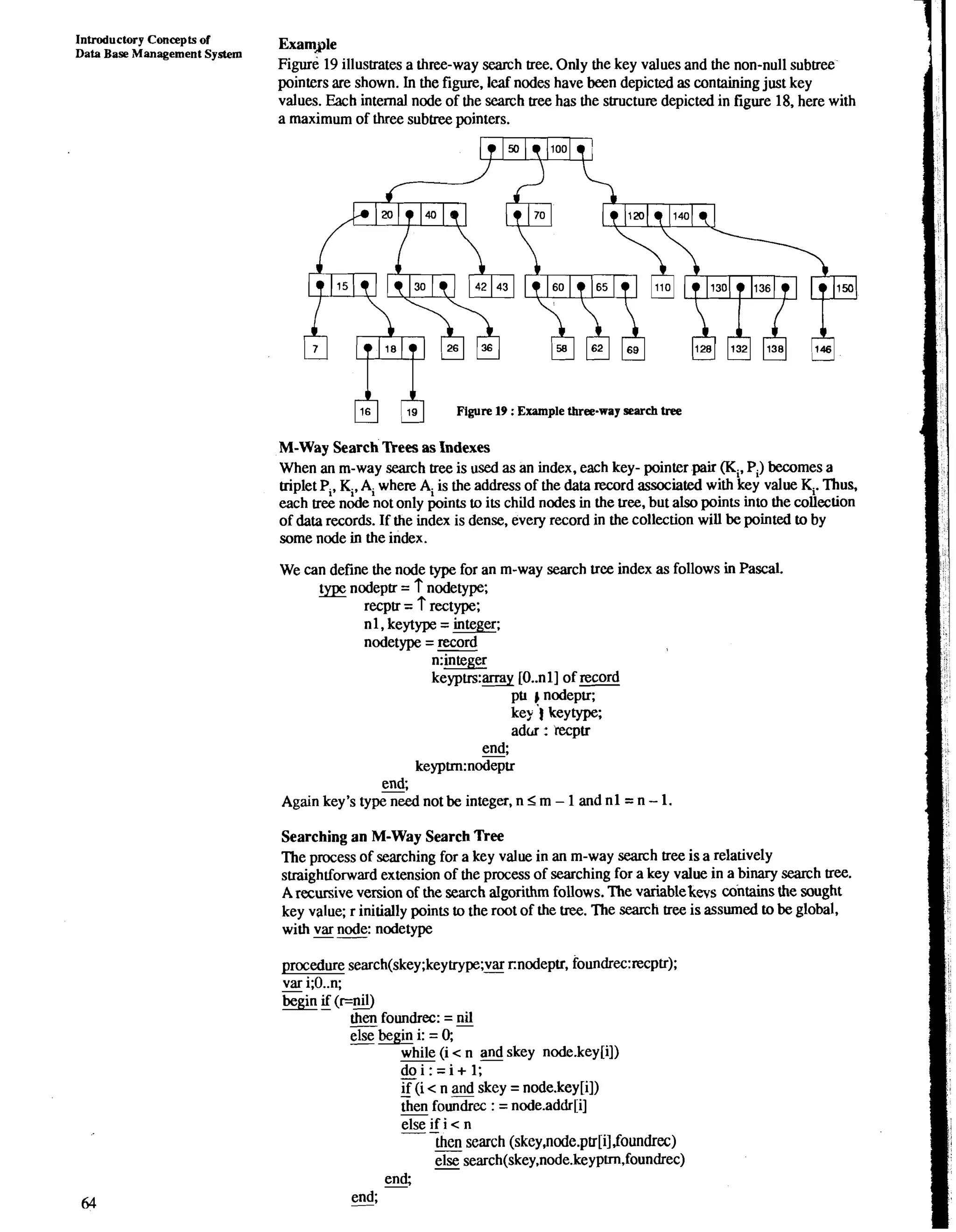 Introductory Concepts of 
Data Base Management System Examyle 
Figure 19 illustrates a three-way search tree. Only the key values and the non-null subtree 
pointers are shown. In the figure, leaf nodes have been depicted as containing just key 
values. Each internal node of the search tree has the structure depicted in figure 18, here with 
a maximum of three subtree pointers. 
Figure 19 : Example three-way search tree 
M-Way Search lkees as Indexes 
When an m-way search tree is used as an index, each key- pointer pair (K, Pi) becomes a 
triplet Pi, Ki, Ai where Ai is the address of the data record associated with key value K,. Thus, 
each tree node not only points to its child nodes in the tree, but also points into the collection 
of data records. If the index is dense, every record in the collection will be pointed to by 
some node in the index. 
We can define the node type for an m-way search tree index as follows in Pascal. 
nodeptr = ? nodetype; 
recptr = ? rectype; 
n 1, keytype = integer; 
nodetype = record 
n:integer 
keypus:- [O..n I ] of record 
pU ) nodepu; 
ke) '1 key type; 
adw : Wptr 
end; 
keyptrn:nod= 
end; 
Again key's typeyd not be integer, n I m - 1 and nl = n - 1. 
Searching an M-Way Search Tree 
The process of searching for a key value in an m-way search tree is a relatively 
straightforward extension of the process of searching for a key value in a binary search tree. 
A recursive version of the search aIgorithm follows. The variablekeys cdntains the sought 
key value; r initially points to the root of the tree. The search tree is assumed to be global, 
with -var -nod e: nodetype 
procedure search(skey ;keytrype;s cnodeptr, f0undrec:recptr); 
-var i ;O..n; 
-if (r=mJ 
then foundrec: = 
-else b egin i: = 0; 
-while ( i < n @ skey node.key[i]) 
-do i:=i+l; 
-if (i < n and skey = node.key[i]) 
then foundrec : = node.addrl:i] 
-el-se if i < n 
-then s earch (skey,node.ptr[i],foundrec) 
-else s earch(skey,node.keyptm,foundrec) 
end; 
-end; 
 