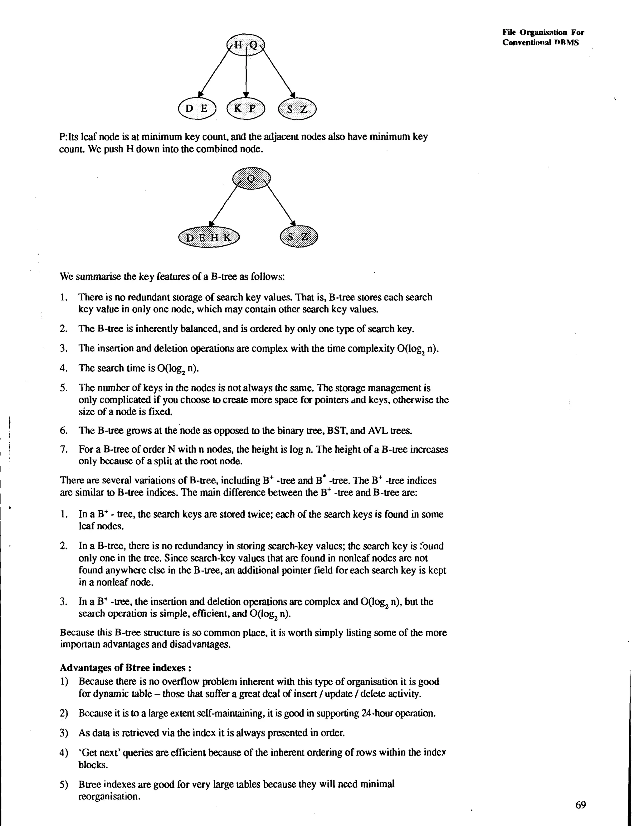 File Org&.rtion For 
Cooventinlral VRUS 
P:lts leaf node is at minimum key count, and the adjacent nodes also have minimum key 
count. We push H down into the combined node. 
We summarise the key features of a B-tree as follows: 
1. There is no redundant storage of search key values. That is, B-tree stores each search 
key value in only one node, which may contain other search key values. 
2. The B-tree is inherently balanced, and is ordered by only one type of search key. 
3. The insertion and delction operations are complex with the time complexity OOog, n). 
4. The search time is O(log2 n). 
5. The number of keys in the nodes is not always the same. The storage management is 
only complicated if you choose to create more space for pointers dnd keys, otherwise the 
size of a node is fixed. 
6. The B-tree grows at the'node as opposed to the binary tree, BST, and AVL trees. 
7. For a B-tree of order N with n nodes, the height is log n. The height of a B-me increases 
only because of a split at the root node. 
There are several variations of B-tree, including B+ -tree and B* -tree. The B+ -tree indices 
are similar to B-tree indices. The main difference between the Bt -tree and B-tree are: 
1. In a B' - tree, the search keys are stored twice; each of the search keys is found in some 
leaf nodes. 
2. In a B-tree, there is no redundancy in storing search-kcy values; the search key is round 
only one in the tree. Since search-key values that are found in nonleaf nodes are not 
found anywhere else in the B-tree, an additional pointer field for each search key is kcpt 
in a nonleaf node. 
3. In a B+ -tree, the insertion and deletion operations are complex and O(log2 n), but the 
search operation is simple, efficient, and O(log, n). 
Because this B-tree structure is so common place, it is worth simply listing some of the more 
imporlaln advantages and disadvantages. 
Advantages of Btree indexes : 
1) Because there is no overflow problem inherent wilh this type of organisation it is good 
for dynamic table - those that suffer a great deal of insert / update /delete activity. 
2) Bccause it is to a large extent sclf-maintaining, it is good in supporting %-hour operation. 
3) As data is retrieved via the index it is always presented in ordcr. 
4) 'Get next' queries are efficient because of the inherent ordering of rows within the index 
blocks. 
5) Btree indexes are good for very large tables because they will need minimal 
reorganisation. 
 