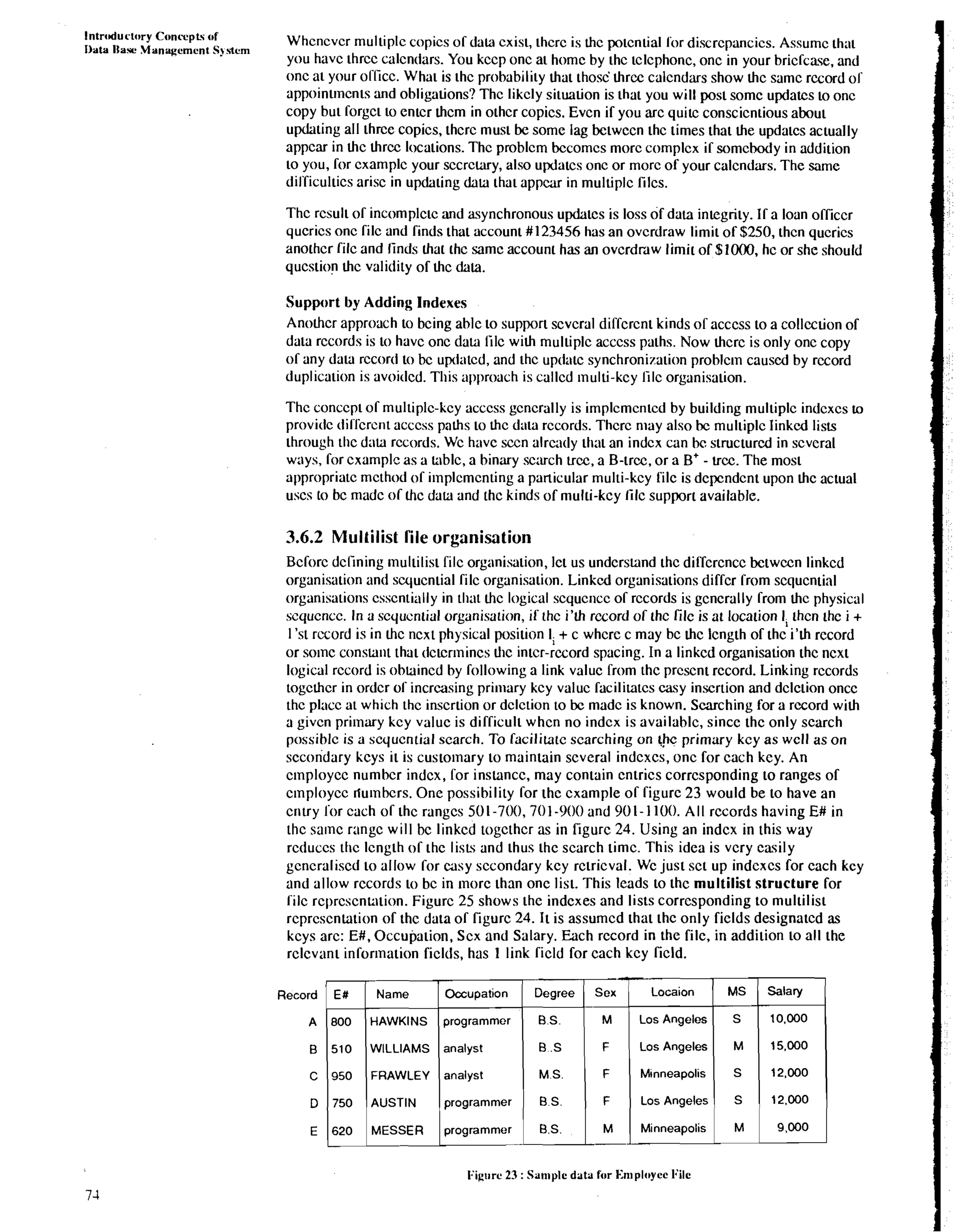 Intrtdurlory Conc-epts of Whcncvcr multiplc copics of data cxist thcrc is thc potcndal for discrcpancics. Assumc that Data 1la.w Management S)s*cm you havc thrcc calcndars. You kccp onc at home by thc tclcphonc, onc in your briefcase, and 
onc at your oflicc. What is thc probability hat thosc hrce calcndars show hc samc rccord of 
appointments and obligalions? Thc likcly situalion is that you will post somc updatcs to onc 
copy but forgct to entcr hcm in othcr copics. Evcn if you arc quitc conscicntious about 
updating all three copics, thcrc must be some lag betwccn thc times that he updatcs actually 
appcar in hc hrcc locations. Thc problcm bccomcs morc complcx if somcbody in addition 
to you, for cxamplc your sccrclary, also updates onc or morc of your calcndars. The same 
dilTicultics arisc in updating data that appcar in multiplc filcs. 
Thc rcsult of incomplctc and asynchronous updates is loss of dam integrity. If a loan officcr 
qucrics onc filc and finds that account #I23456 has an ovcrdraw limit of $250, thcn qucrics 
anothcr filc and linds hat thc samc account has an ovcrdmw limit of $1000, hc or she should 
qucstion hc validity of hc &la. 
Support by Adding Indexes 
Anolhcr approach to bcing ablc to support scvcral diffcrcnt kinds of acccss to a colleclion of 
data rccords is to havc onc data lilc wih multiplc acccss paths. Now hcrc is only onc copy 
of any data rccord to bc updotcd, and thc updotc synchronization problc~nc aused by record 
duplication is avoitlcd. This approach is callcd multi-kcy lilc organisation. 
Thc conccpt of multiplc-kcy acccss gcncrally is implcmcntcd by building multiplc indcxcs to 
providc dilTcrcnt acccss paths to thc data rccords. Thcrc may also bc multiplc Iinkcd lis~ 
through thc data rccords. Wc havc sccn alrcatly that an indcx can bc structured in scvcral 
ways, for cxamplc as a hblc, a binary sc:uch Lrcc, a B-trcc, or a B' - trcc. The most 
appropriate mcthod of i~nplcmcnting a particular multi-kcy Silc is dcpcndcnt upon hc actual 
uscs lo bc madc or hc data and thc kinds of multi-kcy lilc support available. 
3.6.2 Multilist file organisation 
Bcforc dclining multilist filc organisation, lct us undcrstand thc dilTcrcncc betwccn linkcd 
organisation and scqucntial filc organisation. Linkcd organisations diffcr from scqucntial 
organisations csscntiall y in that Ihc logical scqucncc of rccords is gcncrally from hc physical 
scqucncc. In a scqucntial organisation, if thc i'h rccord or thc 171c is at location Ii thcn thc i + 
I 'st rccord is in Ihc ncxt physical position Ii + c whcre c may bc hc lcngth of thc i'h rccord 
or solnc constant that dctcr~nincsIh c intcr-rccord spacing. In a linkcd organisation thc ncxt 
logical rccord is obtaincd by following a link valuc from thc prcscnt rccord. Linking rccords 
togcthcr in ordcr of increasing primary kcy valuc facililatcs casy inscrtion and dclction oncc 
thc placc at which thc inscrtion or dclction to bc madc is known. Starching for a rccord wih 
a givcn primary kcy valuc is difficult whcn no indcx is availablc, sincc thc only scarch 
possiblc is a scqucntial scarch. To lacilitatc starching on 1.k primary kcy as wcll as on 
sccondary kcys it is custolnary to maintain scveral indcxcs, onc for cach key. An 
c~nployccn umbcr indcx, for inslancc, may contain cntrics corrcsponding to ranges of 
cmploycc rlumbcrs. One possibility for the cxample of figurc 23 would be to have an 
crltry lor cach of thc rangcs 501 -700,701 -900 and 90 1- I 100. All rccords having E# in 
thc salnc rangc will bc linkcd togcthcr as in figurc 24. Using an indcx in this way 
rcduccs thc lcngth of thc lis~sa nd thus thc scarch timc. This idea is vcry easily 
gcncraliscd to allow [or casy sccondary kcy rctricval. Wc just sct up indcxcs for cach kcy 
and allow rccords to bc in morc than onc list. 'This leads to thc multilist structure for 
filc rcl)rcscnti~tionF. igurc 25 shows thc indcxes and lists corrcsponding to multilist 
rcprcscnlation of thc data of figurc 24. It is assumcd that thc only ficlds designated as 
kcys arc: E#, Occupation, Scx and Salary. Each rccord in the filc, in addition to all the 
rclcvant infor~nationf iclds, has 1 link ficld for cach kcy ficld. 
Record 
I:igurc 23 : Sat~~pdlaet a for En~ployec1: ile 
Salary 
10,000 
15,000 
12,000 
12.000 
9.000 
MS 
S 
M 
S 
S 
M 
Locaion 
Los Angeles 
Los Angeles 
Minneapolis 
Los Angeles 
Minneapolis 
Sex 
- 
M 
F 
F 
F 
M 
Degree 
B.S. 
€3 .S 
M.S. 
B.S. 
B.S. 
Occupation 
programmer 
analyst 
analyst 
programmer 
programmer 
E# 
800 
510 
950 
750 
620 
Name 
HAWKINS 
WILLIAMS 
FRAWLEY 
AUSTIN 
MESSER 
 