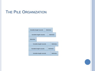 THE PILE ORGANIZATION
Variable-length records Delimiter
Delimiter
Delimiter
Delimiter
Delimiter
Delimiter
Variable-length records
Variable-length records
Variable-length records
Variable-length records
 