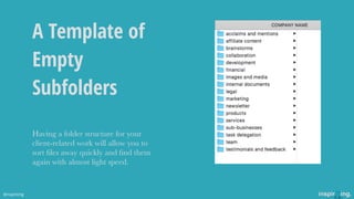 A Template of
Empty
Subfolders
Having a folder structure for your
client-related work will allow you to
sort ﬁles away quickly and ﬁnd them
again with almost light speed.
Image of you
@nspiriting
 