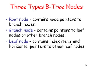 36 
Three Types B-Tree Nodes 
• Root node - contains node pointers to 
branch nodes. 
• Branch node - contains pointers to leaf 
nodes or other branch nodes. 
• Leaf node - contains index items and 
horizontal pointers to other leaf nodes. 
 