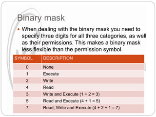 Binary mask
 When dealing with the binary mask you need to
specify three digits for all three categories, as well
as their permissions. This makes a binary mask
less flexible than the permission symbol.
SYMBOL DESCRIPTION
0 None
1 Execute
2 Write
4 Read
3 Write and Execute (1 + 2 = 3)
5 Read and Execute (4 + 1 = 5)
7 Read, Write and Execute (4 + 2 + 1 = 7)
 