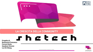 LA CRESCITA DELLA COMMUNITY
Progetto di:
Buonocore Francesco
Forconi Giulia
Gaudenzi Simone
Liu Chi Sheng
Comunicazione D’Impresa 2018
 