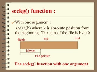 seekg() function : With one argument : seekg(k) where k is absolute position from the beginning. The start of the file is byte 0 Begin File End k bytes ^ File pointer The seekg() function with one argument 