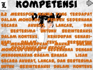 Kompetensi
           Dasar Sederhana
2.2 Merespon Makna Yang Terdapat
Dalam Monolog   Pendek
Secara     Akurat,    Lancar,   Dan
    Berterima Untunk Berinteraksi
Dalam Konteks      Kehidupan Sehari-
hariMengungkapkan Makna Dalam
4.2     Dalam      Teks   Berbentuk
    Procedure Dan Report.
Monolog Oendek Sederhana Dengan
Menggunakan Ragam Bahasa      Lisan
Secara Akurat, Lancar, Dan Berterima
Untuk Berinteraksi Dalam Konteks
 