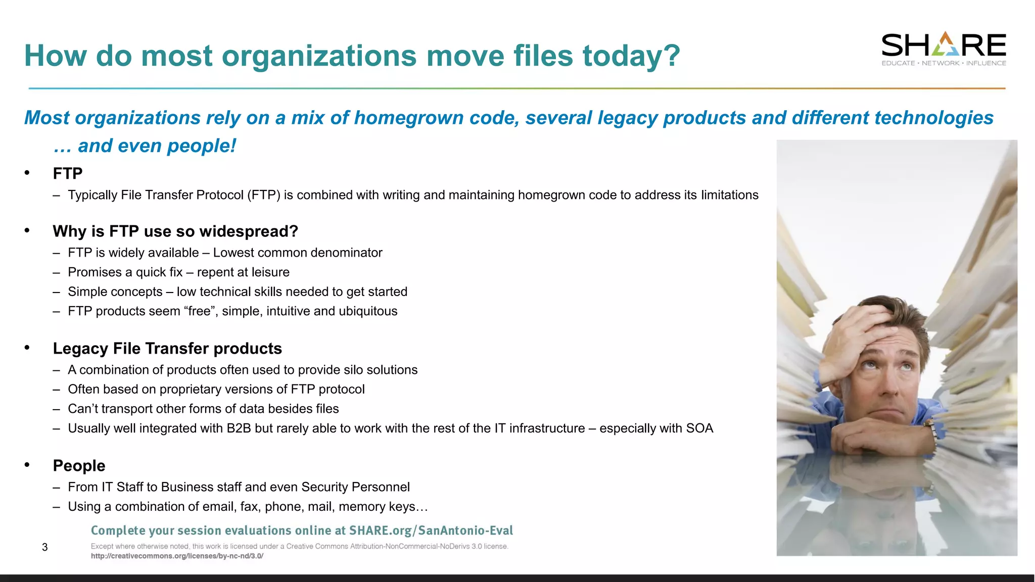 How do most organizations move files today?
Most organizations rely on a mix of homegrown code, several legacy products and different technologies
… and even people!
• FTP
– Typically File Transfer Protocol (FTP) is combined with writing and maintaining homegrown code to address its limitations
• Why is FTP use so widespread?
– FTP is widely available – Lowest common denominator
– Promises a quick fix – repent at leisure
– Simple concepts – low technical skills needed to get started
– FTP products seem “free”, simple, intuitive and ubiquitous
• Legacy File Transfer products
– A combination of products often used to provide silo solutions
– Often based on proprietary versions of FTP protocol
– Can’t transport other forms of data besides files
– Usually well integrated with B2B but rarely able to work with the rest of the IT infrastructure – especially with SOA
• People
– From IT Staff to Business staff and even Security Personnel
– Using a combination of email, fax, phone, mail, memory keys…
3
 