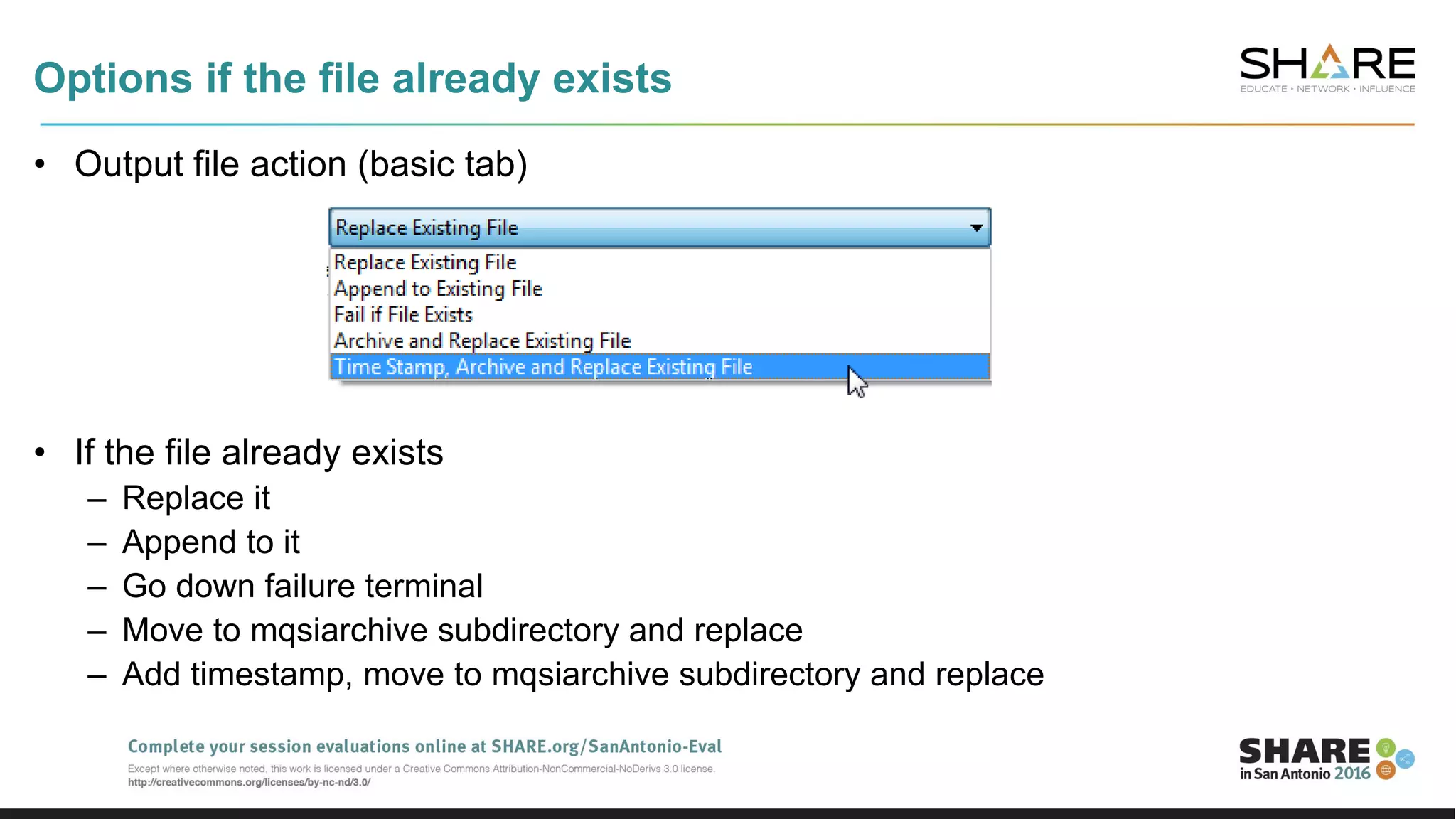 Options if the file already exists
• Output file action (basic tab)
• If the file already exists
– Replace it
– Append to it
– Go down failure terminal
– Move to mqsiarchive subdirectory and replace
– Add timestamp, move to mqsiarchive subdirectory and replace
 