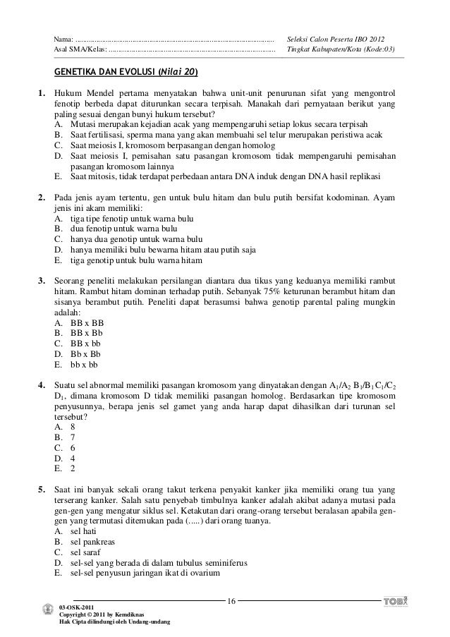 Soal Osn Sebab Akibat Biologi Sma Dan Pembahasannya 2012