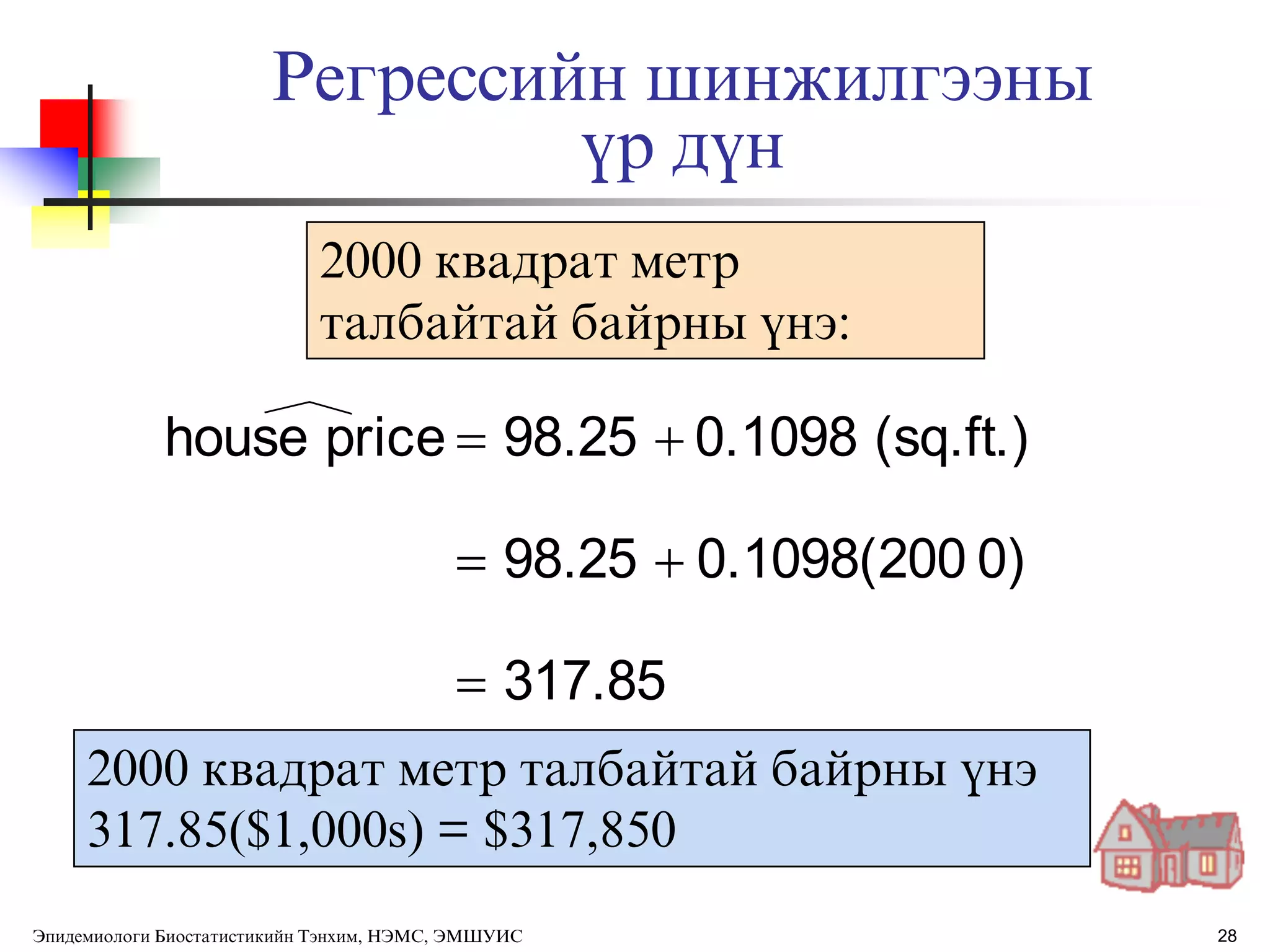 28
317.85
0)0.1098(20098.25
(sq.ft.)0.109898.25pricehouse



2000 квадрат метр
талбайтай байрны ђнэ:
2000 квадрат метр талбайтай байрны ђнэ
317.85($1,000s) = $317,850
Регрессийн шинжилгээны
ђр дђн
Эпидемиологи Биостатистикийн Тэнхим, НЭМС, ЭМШУИС
 