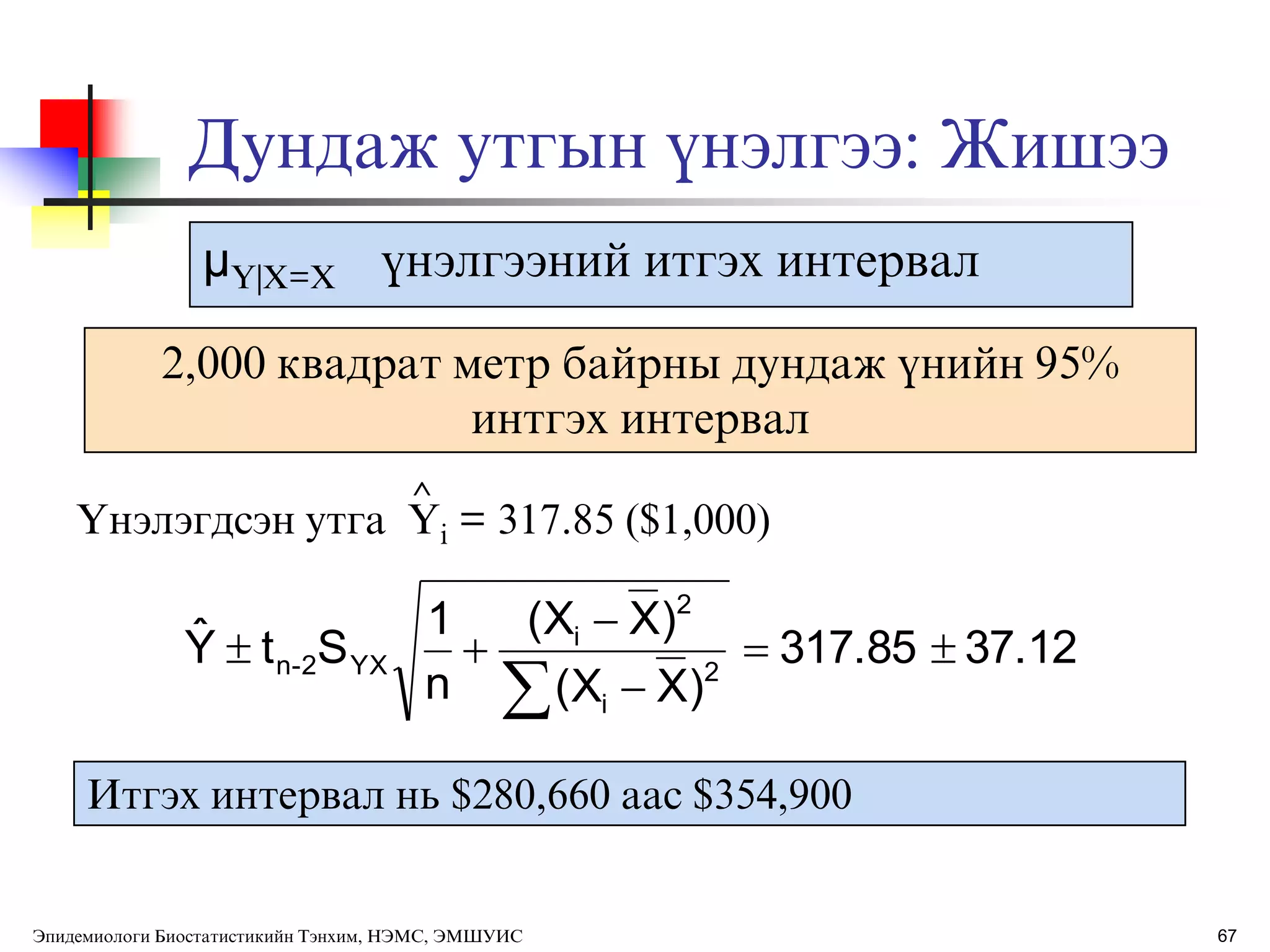 Дундаж утгын ђнэлгээ: Жишээ
2,000 квадрат метр байрны дундаж ђнийн 95%
интгэх интервал
ёнэлэгдсэн утга Yi = 317.85 ($1,000)

μY|X=X ђнэлгээний итгэх интервал
37.12317.85
)X(X
)X(X
n
1
StYˆ
2
i
2
i
YX2-n 




Итгэх интервал нь $280,660 аас $354,900
67Эпидемиологи Биостатистикийн Тэнхим, НЭМС, ЭМШУИС
 