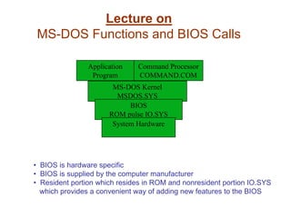 Lecture on
MS-DOS Functions and BIOS Calls
Application
Program

Command Processor
COMMAND.COM

MS-DOS Kernel
MSDOS.SYS
BIOS
ROM pulse IO.SYS
System Hardware

• BIOS is hardware specific
• BIOS is supplied by the computer manufacturer
• Resident portion which resides in ROM and nonresident portion IO.SYS
which provides a convenient way of adding new features to the BIOS

 