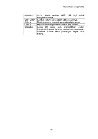 http://alchazin.com/portofolio
10
rotate tool mode rotate sedang aktif. Klik lagi untuk
menghentikannya.
Ctrl + Enter Kembali (return) ke keadaan edit sebelumnya.
Ctrl + Y Melakukan redo (menarik kembali undo terakhir).
Ctrl + Z Melakukan undo (menarik kembali aksi terakhir).
Spacebar Ketika 3D rotate aktif, mengaktifkan switch
(pergantian) antara dynamic rotation dan pandangan
isometrik standar serta pandangan tegak lurus
bidang.
.
 