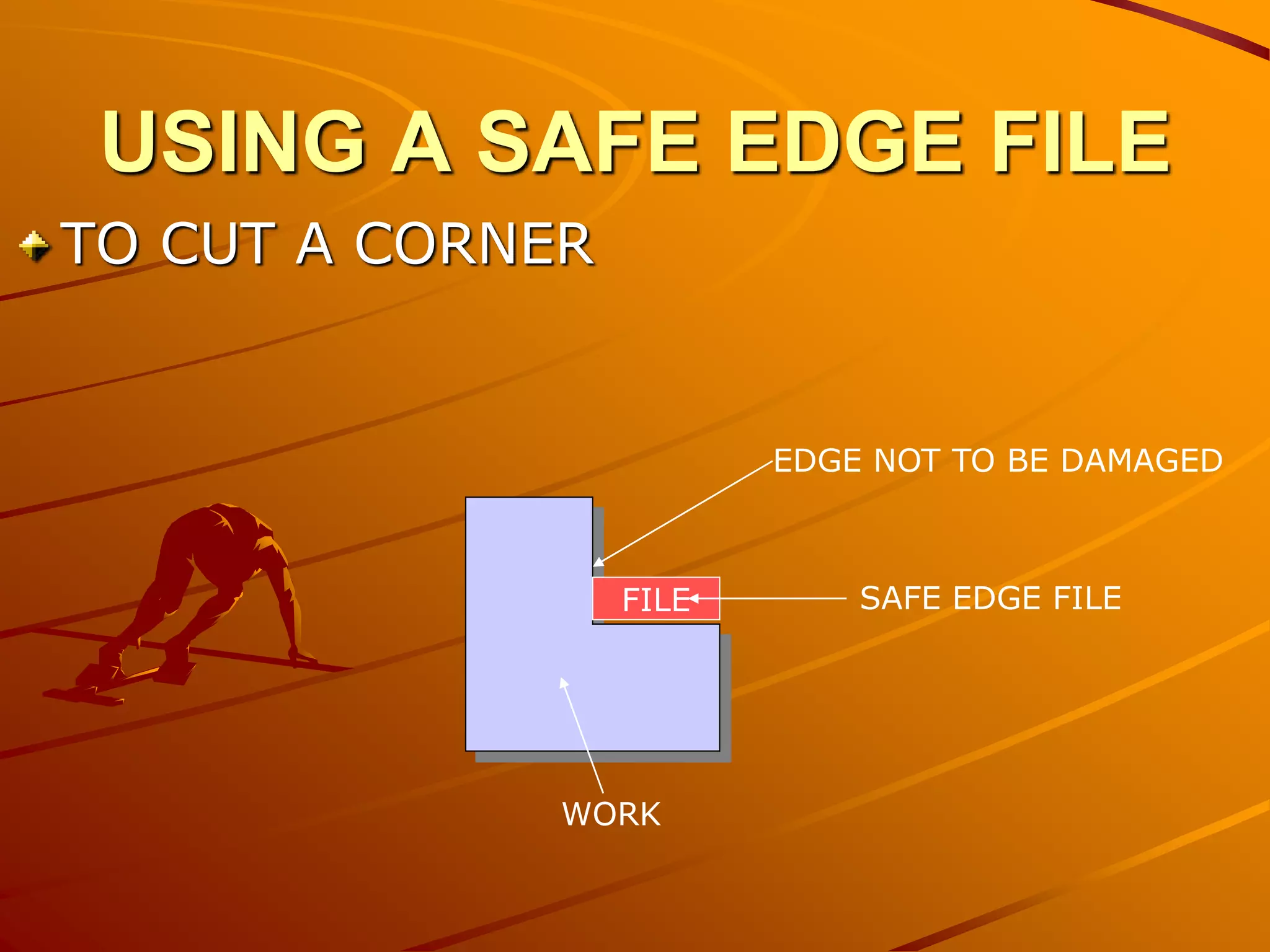 USING A SAFE EDGE FILE
TO CUT A CORNER
SAFE EDGE FILE
WORK
FILE
EDGE NOT TO BE DAMAGED
 