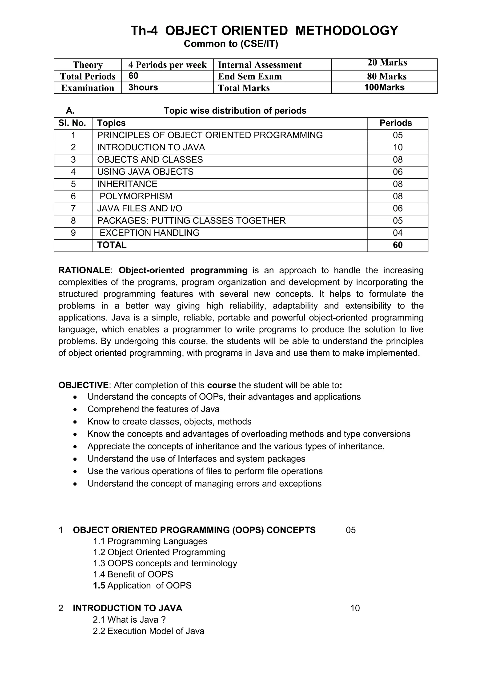 Th-4 OBJECT ORIENTED METHODOLOGY
Common to (CSE/IT)
Theory 4 Periods per week Internal Assessment 20 Marks
Total Periods 60 End Sem Exam 80 Marks
Examination 3hours Total Marks 100Marks
A. Topic wise distribution of periods
Sl. No. Topics Periods
1 PRINCIPLES OF OBJECT ORIENTED PROGRAMMING 05
2 INTRODUCTION TO JAVA 10
3 OBJECTS AND CLASSES 08
4 USING JAVA OBJECTS 06
5 INHERITANCE 08
6 POLYMORPHISM 08
7 JAVA FILES AND I/O 06
8 PACKAGES: PUTTING CLASSES TOGETHER 05
9 EXCEPTION HANDLING 04
TOTAL 60
RATIONALE: Object-oriented programming is an approach to handle the increasing
complexities of the programs, program organization and development by incorporating the
structured programming features with several new concepts. It helps to formulate the
problems in a better way giving high reliability, adaptability and extensibility to the
applications. Java is a simple, reliable, portable and powerful object-oriented programming
language, which enables a programmer to write programs to produce the solution to live
problems. By undergoing this course, the students will be able to understand the principles
of object oriented programming, with programs in Java and use them to make implemented.
OBJECTIVE: After completion of this course the student will be able to:
 Understand the concepts of OOPs, their advantages and applications
 Comprehend the features of Java
 Know to create classes, objects, methods
 Know the concepts and advantages of overloading methods and type conversions
 Appreciate the concepts of inheritance and the various types of inheritance.
 Understand the use of Interfaces and system packages
 Use the various operations of files to perform file operations
 Understand the concept of managing errors and exceptions
1 OBJECT ORIENTED PROGRAMMING (OOPS) CONCEPTS 05
1.1 Programming Languages
1.2 Object Oriented Programming
1.3 OOPS concepts and terminology
1.4 Benefit of OOPS
1.5 Application of OOPS
2 INTRODUCTION TO JAVA 10
2.1 What is Java ?
2.2 Execution Model of Java
 