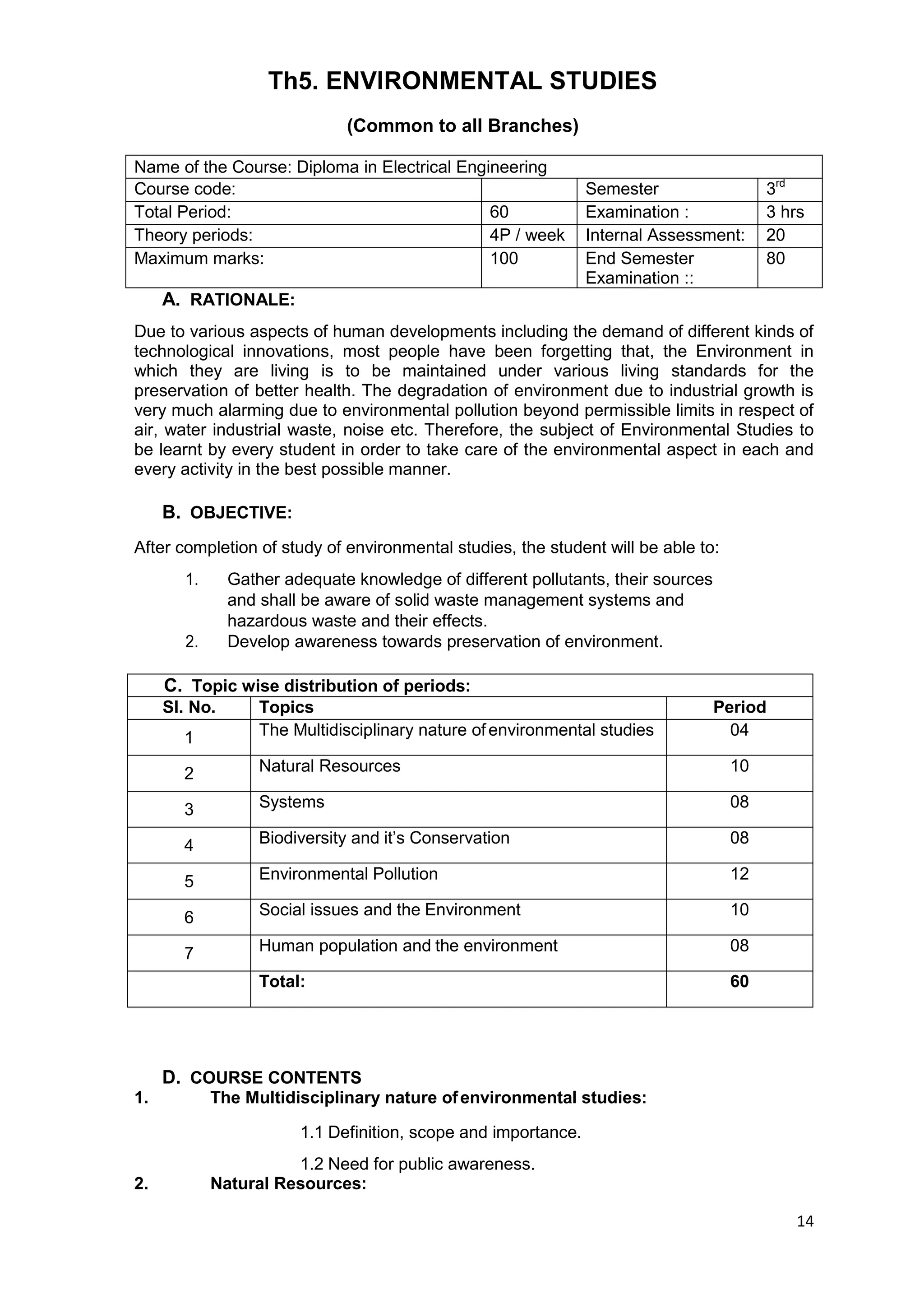 14
Th5. ENVIRONMENTAL STUDIES
(Common to all Branches)
Name of the Course: Diploma in Electrical Engineering
Course code: Semester 3rd
Total Period: 60 Examination : 3 hrs
Theory periods: 4P / week Internal Assessment: 20
Maximum marks: 100 End Semester
Examination ::
80
A. RATIONALE:
Due to various aspects of human developments including the demand of different kinds of
technological innovations, most people have been forgetting that, the Environment in
which they are living is to be maintained under various living standards for the
preservation of better health. The degradation of environment due to industrial growth is
very much alarming due to environmental pollution beyond permissible limits in respect of
air, water industrial waste, noise etc. Therefore, the subject of Environmental Studies to
be learnt by every student in order to take care of the environmental aspect in each and
every activity in the best possible manner.
B. OBJECTIVE:
After completion of study of environmental studies, the student will be able to:
1. Gather adequate knowledge of different pollutants, their sources
and shall be aware of solid waste management systems and
hazardous waste and their effects.
2. Develop awareness towards preservation of environment.
D. COURSE CONTENTS
C. Topic wise distribution of periods:
Sl. No. Topics Period
1 The Multidisciplinary nature ofenvironmental studies 04
2 Natural Resources 10
3 Systems 08
4 Biodiversity and it‟s Conservation 08
5 Environmental Pollution 12
6 Social issues and the Environment 10
7 Human population and the environment 08
Total: 60
1. The Multidisciplinary nature ofenvironmental studies:
1.1 Definition, scope and importance.
1.2 Need for public awareness.
2. Natural Resources:
 