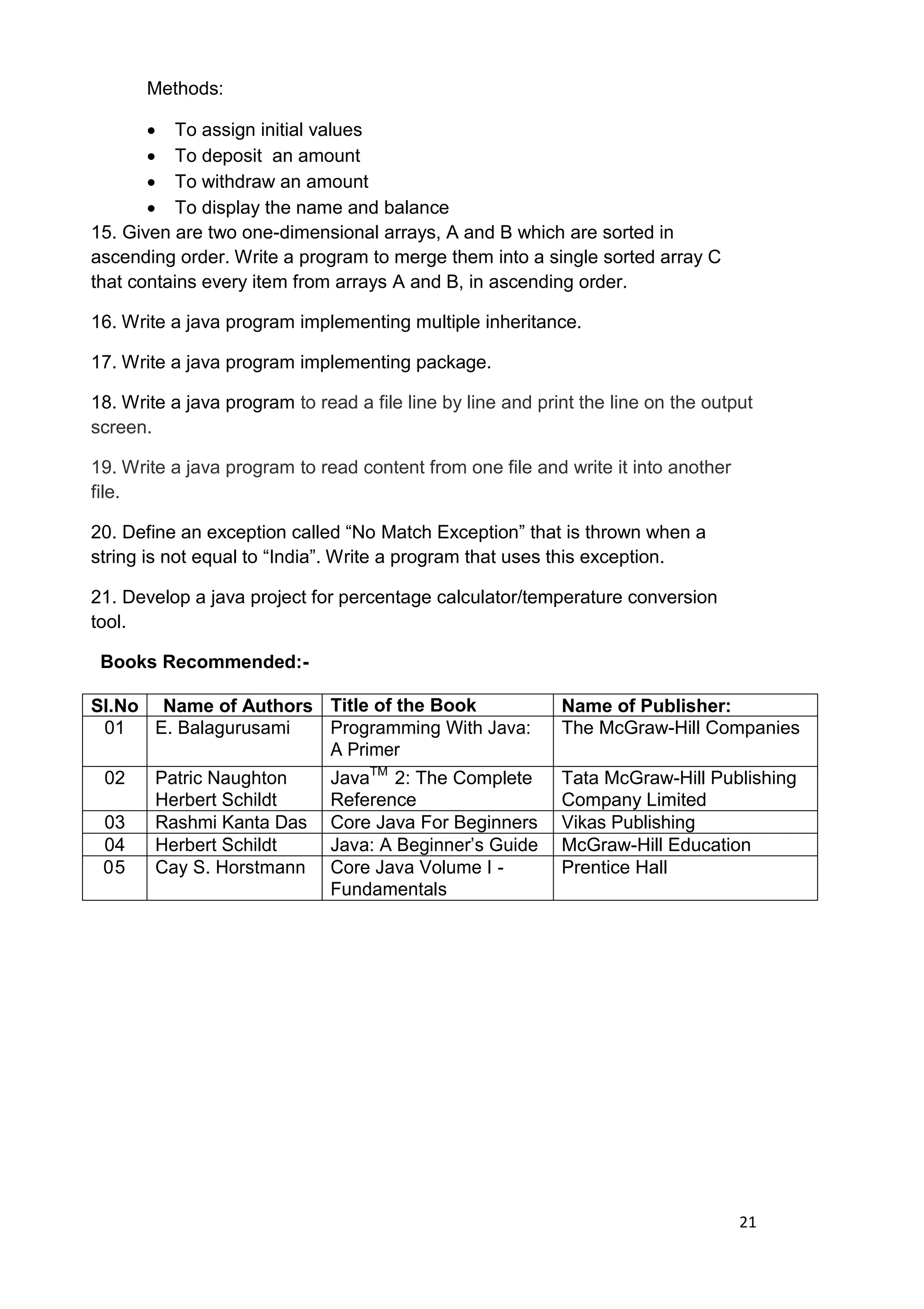 21
Methods:
 To assign initial values
 To deposit an amount
 To withdraw an amount
 To display the name and balance
15. Given are two one-dimensional arrays, A and B which are sorted in
ascending order. Write a program to merge them into a single sorted array C
that contains every item from arrays A and B, in ascending order.
16. Write a java program implementing multiple inheritance.
17. Write a java program implementing package.
18. Write a java program to read a file line by line and print the line on the output
screen.
19. Write a java program to read content from one file and write it into another
file.
20. Define an exception called “No Match Exception” that is thrown when a
string is not equal to “India”. Write a program that uses this exception.
21. Develop a java project for percentage calculator/temperature conversion
tool.
Books Recommended:-
Sl.No Name of Authors Title of the Book Name of Publisher:
01 E. Balagurusami Programming With Java:
A Primer
The McGraw-Hill Companies
02 Patric Naughton
Herbert Schildt
JavaTM
2: The Complete
Reference
Tata McGraw-Hill Publishing
Company Limited
03 Rashmi Kanta Das Core Java For Beginners Vikas Publishing
04 Herbert Schildt Java: A Beginner‟s Guide McGraw-Hill Education
05 Cay S. Horstmann Core Java Volume I -
Fundamentals
Prentice Hall
 