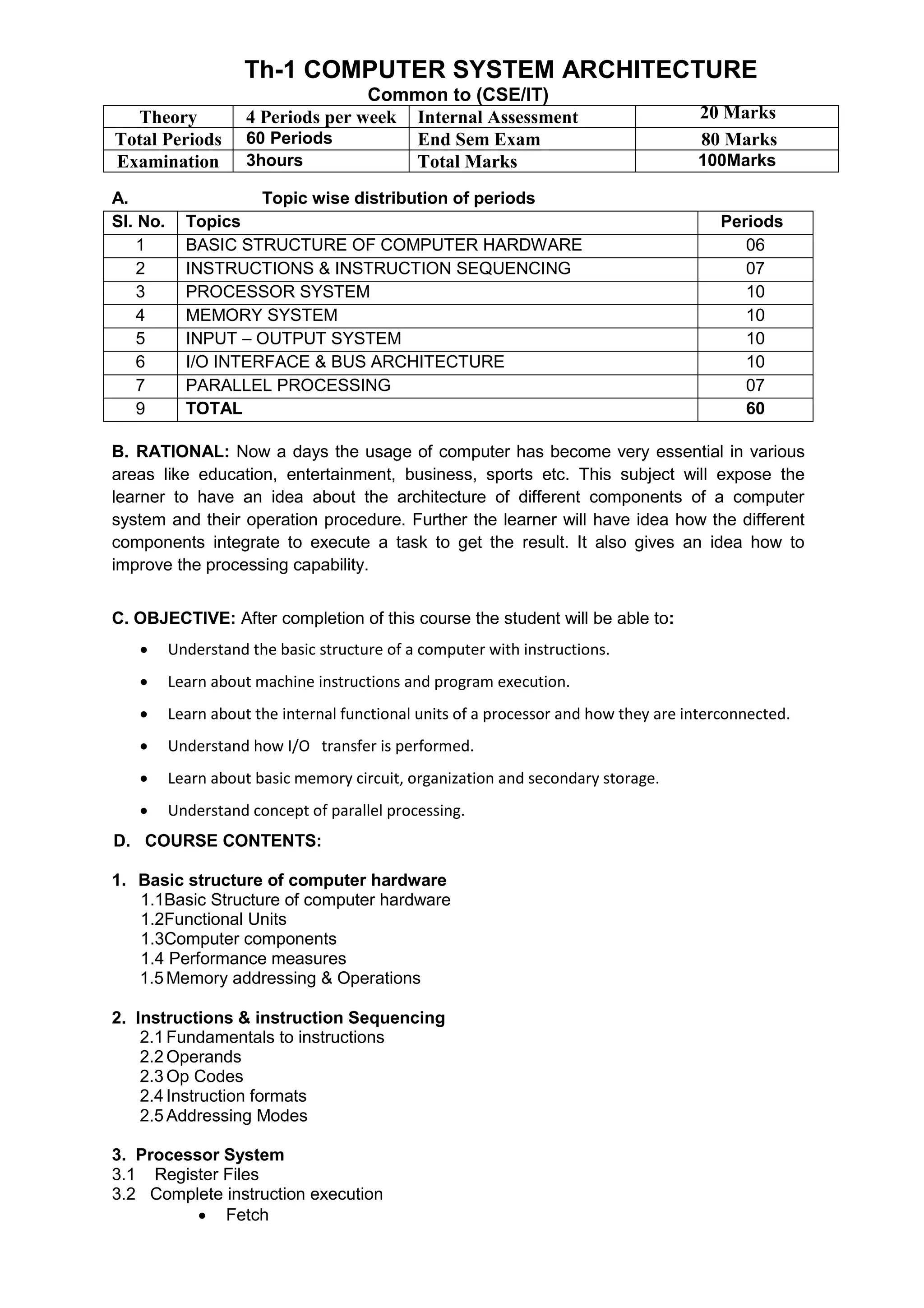 Th-1 COMPUTER SYSTEM ARCHITECTURE
Common to (CSE/IT)
Theory 4 Periods per week Internal Assessment 20 Marks
Total Periods 60 Periods End Sem Exam 80 Marks
Examination 3hours Total Marks 100Marks
A. Topic wise distribution of periods
Sl. No. Topics Periods
1 BASIC STRUCTURE OF COMPUTER HARDWARE 06
2 INSTRUCTIONS & INSTRUCTION SEQUENCING 07
3 PROCESSOR SYSTEM 10
4 MEMORY SYSTEM 10
5 INPUT – OUTPUT SYSTEM 10
6 I/O INTERFACE & BUS ARCHITECTURE 10
7 PARALLEL PROCESSING 07
9 TOTAL 60
B. RATIONAL: Now a days the usage of computer has become very essential in various
areas like education, entertainment, business, sports etc. This subject will expose the
learner to have an idea about the architecture of different components of a computer
system and their operation procedure. Further the learner will have idea how the different
components integrate to execute a task to get the result. It also gives an idea how to
improve the processing capability.
C. OBJECTIVE: After completion of this course the student will be able to:
 Understand the basic structure of a computer with instructions.
 Learn about machine instructions and program execution.
 Learn about the internal functional units of a processor and how they are interconnected.
 Understand how I/O transfer is performed.
 Learn about basic memory circuit, organization and secondary storage.
 Understand concept of parallel processing.
D. COURSE CONTENTS:
1. Basic structure of computer hardware
1.1Basic Structure of computer hardware
1.2Functional Units
1.3Computer components
1.4 Performance measures
1.5 Memory addressing & Operations
2. Instructions & instruction Sequencing
2.1 Fundamentals to instructions
2.2 Operands
2.3 Op Codes
2.4 Instruction formats
2.5 Addressing Modes
3. Processor System
3.1 Register Files
3.2 Complete instruction execution
 Fetch
 