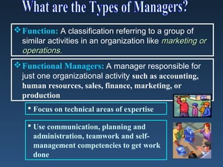  Function: A classification referring to a group of
  similar activities in an organization like marketing or
  operations.
 Functional Managers: A manager responsible for
  just one organizational activity such as accounting,
  human resources, sales, finance, marketing, or
  production
     Focus on technical areas of expertise

     Use communication, planning and
      administration, teamwork and self-
      management competencies to get work
      done
 