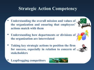 Strategic Action Competency

 Understanding the overall mission and values of
  the organization and ensuring that employees’
  actions match with them

 Understanding how departments or divisions of
  the organization are interrelated

 Taking key strategic actions to position the firm
  for success, especially in relation to concern of
  stakeholders

 Leapfrogging competitors
 