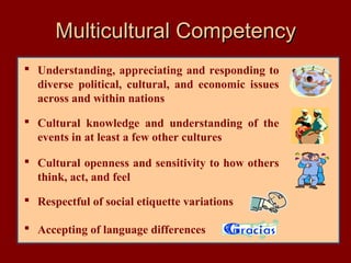 Multicultural Competency
 Understanding, appreciating and responding to
  diverse political, cultural, and economic issues
  across and within nations

 Cultural knowledge and understanding of the
  events in at least a few other cultures

 Cultural openness and sensitivity to how others
  think, act, and feel

 Respectful of social etiquette variations

 Accepting of language differences
 