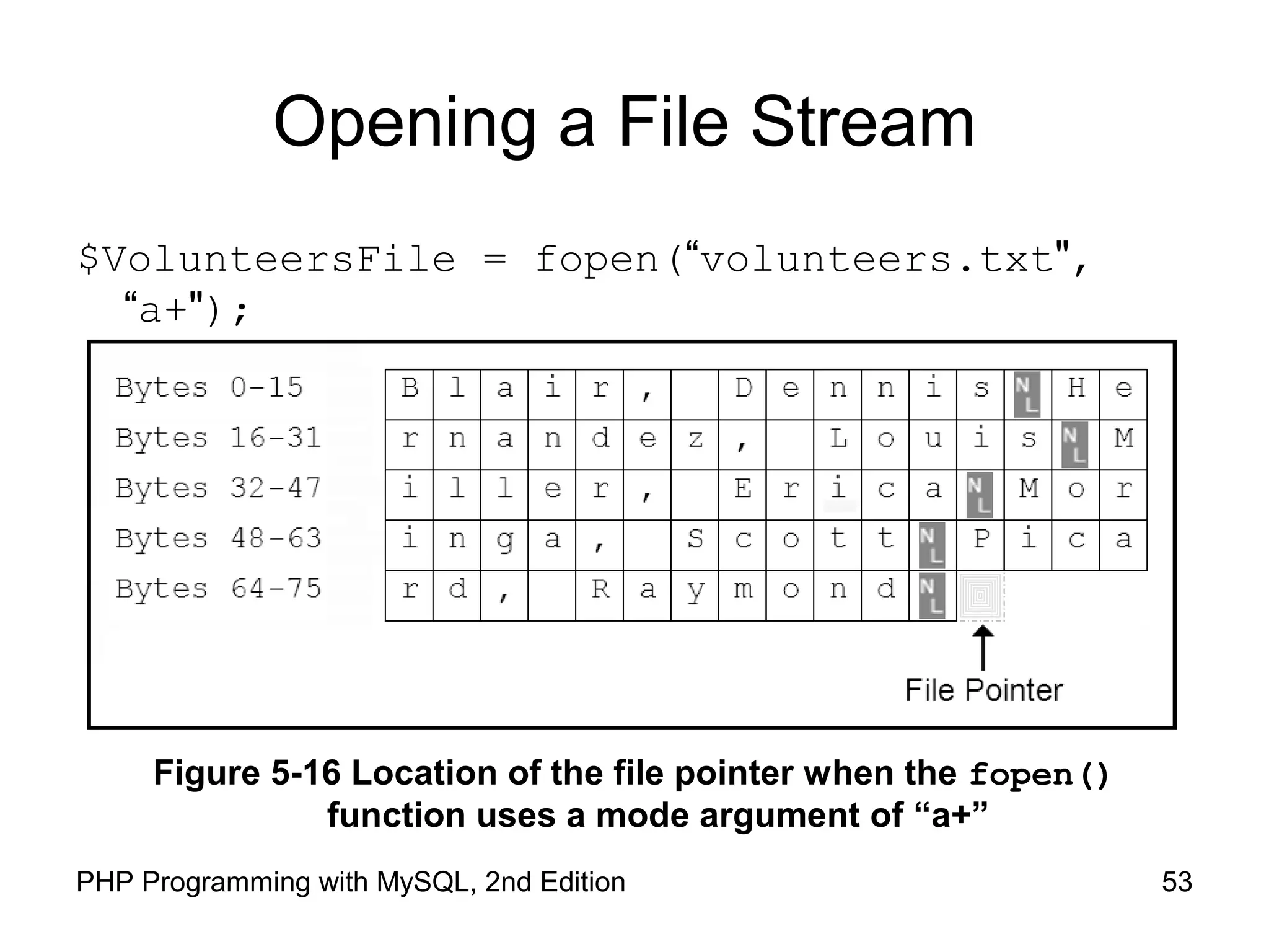 53PHP Programming with MySQL, 2nd Edition
Opening a File Stream
$VolunteersFile = fopen(“volunteers.txt",
“a+");
Figure 5-16 Location of the file pointer when the fopen()
function uses a mode argument of “a+”
 