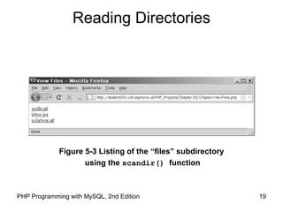 19PHP Programming with MySQL, 2nd Edition
Reading Directories
Figure 5-3 Listing of the “files” subdirectory
using the scandir() function
 