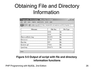 26PHP Programming with MySQL, 2nd Edition
Obtaining File and Directory
Information
Figure 5-5 Output of script with file and directory
information functions
 