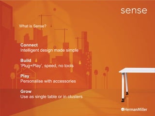 Connect Intelligent design made simple  Build ‘ Plug+Play’, speed, no tools Play Personalise with accessories Grow Use as single table or in clusters What is Sense? 