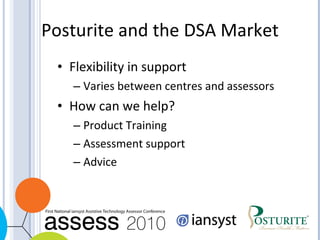 Posturite and the DSA Market Flexibility in support Varies between centres and assessors How can we help? Product Training Assessment support Advice 