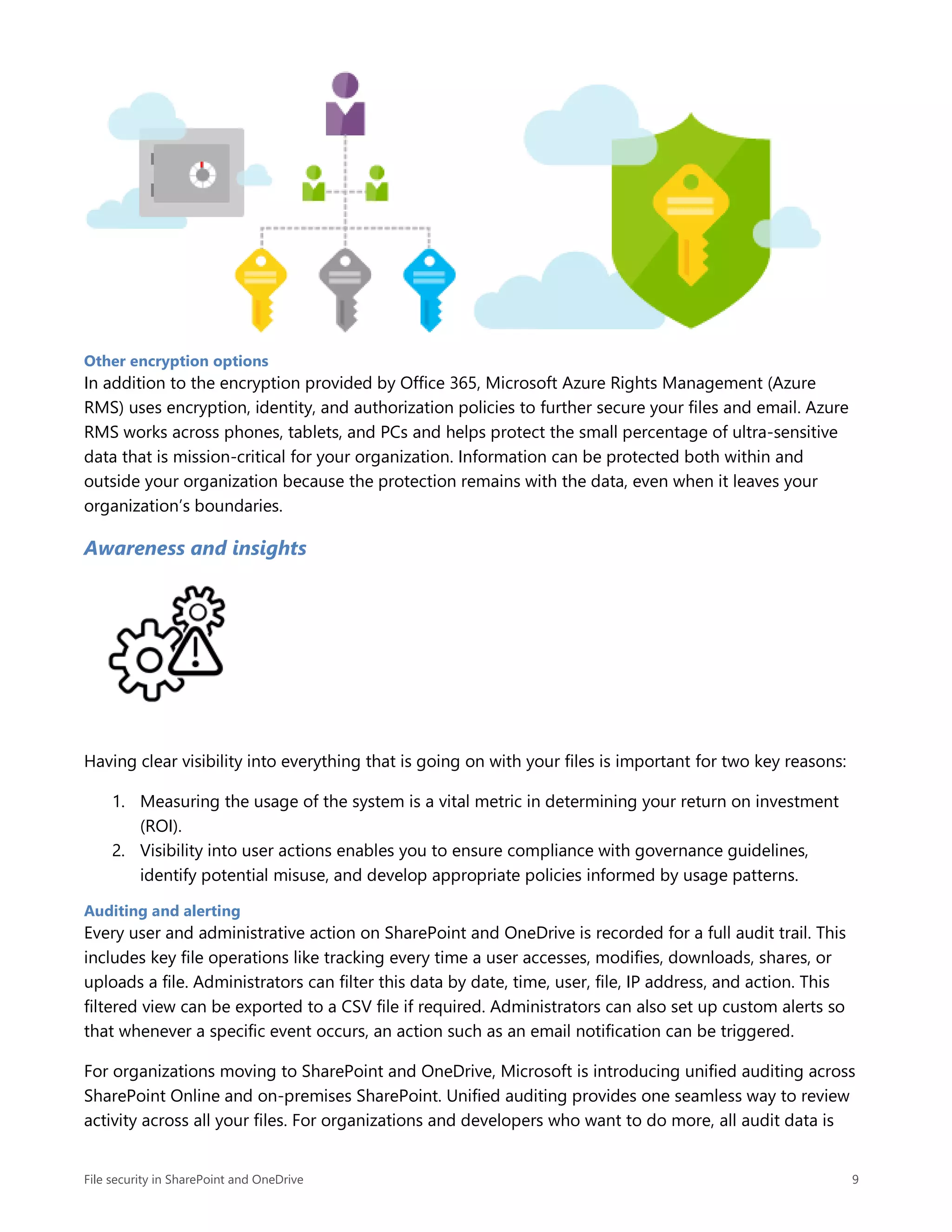 File security in SharePoint and OneDrive 9
Other encryption options
In addition to the encryption provided by Office 365, Microsoft Azure Rights Management (Azure
RMS) uses encryption, identity, and authorization policies to further secure your files and email. Azure
RMS works across phones, tablets, and PCs and helps protect the small percentage of ultra-sensitive
data that is mission-critical for your organization. Information can be protected both within and
outside your organization because the protection remains with the data, even when it leaves your
organization’s boundaries.
Awareness and insights
Having clear visibility into everything that is going on with your files is important for two key reasons:
1. Measuring the usage of the system is a vital metric in determining your return on investment
(ROI).
2. Visibility into user actions enables you to ensure compliance with governance guidelines,
identify potential misuse, and develop appropriate policies informed by usage patterns.
Auditing and alerting
Every user and administrative action on SharePoint and OneDrive is recorded for a full audit trail. This
includes key file operations like tracking every time a user accesses, modifies, downloads, shares, or
uploads a file. Administrators can filter this data by date, time, user, file, IP address, and action. This
filtered view can be exported to a CSV file if required. Administrators can also set up custom alerts so
that whenever a specific event occurs, an action such as an email notification can be triggered.
For organizations moving to SharePoint and OneDrive, Microsoft is introducing unified auditing across
SharePoint Online and on-premises SharePoint. Unified auditing provides one seamless way to review
activity across all your files. For organizations and developers who want to do more, all audit data is
 