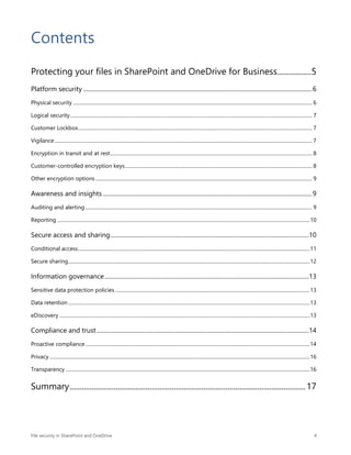 File security in SharePoint and OneDrive 4
Contents
Protecting your files in SharePoint and OneDrive for Business.................5
Platform security .......................................................................................................................................................6
Physical security ................................................................................................................................................................................................. 6
Logical security ................................................................................................................................................................................................... 7
Customer Lockbox............................................................................................................................................................................................. 7
Vigilance................................................................................................................................................................................................................ 7
Encryption in transit and at rest................................................................................................................................................................... 8
Customer-controlled encryption keys....................................................................................................................................................... 8
Other encryption options............................................................................................................................................................................... 9
Awareness and insights ..........................................................................................................................................9
Auditing and alerting ....................................................................................................................................................................................... 9
Reporting ............................................................................................................................................................................................................10
Secure access and sharing...................................................................................................................................10
Conditional access...........................................................................................................................................................................................11
Secure sharing...................................................................................................................................................................................................12
Information governance.......................................................................................................................................13
Sensitive data protection policies .............................................................................................................................................................13
Data retention...................................................................................................................................................................................................13
eDiscovery ..........................................................................................................................................................................................................13
Compliance and trust ............................................................................................................................................14
Proactive compliance .....................................................................................................................................................................................14
Privacy ..................................................................................................................................................................................................................16
Transparency .....................................................................................................................................................................................................16
Summary......................................................................................................................17
 
