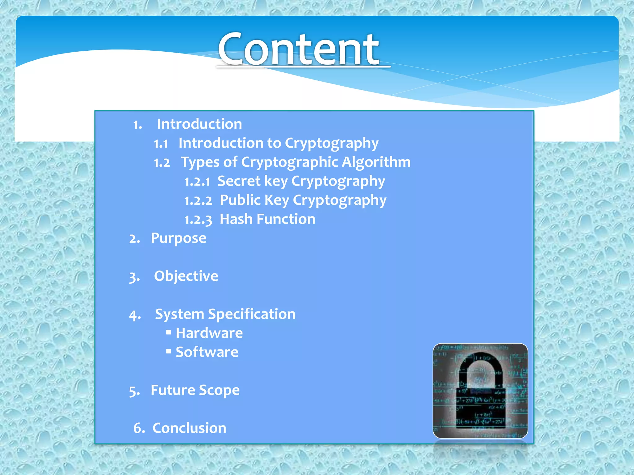 1. Introduction
1.1 Introduction to Cryptography
1.2 Types of Cryptographic Algorithm
1.2.1 Secret key Cryptography
1.2.2 Public Key Cryptography
1.2.3 Hash Function
2. Purpose
3. Objective
4. System Specification
 Hardware
 Software
5. Future Scope
6. Conclusion
 