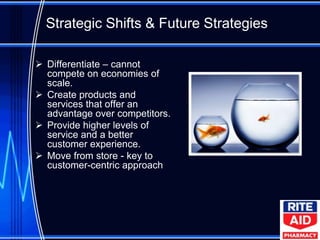 Strategic Shifts & Future Strategies

 Differentiate – cannot
  compete on economies of
  scale.
 Create products and
  services that offer an
  advantage over competitors.
 Provide higher levels of
  service and a better
  customer experience.
 Move from store - key to
  customer-centric approach
 