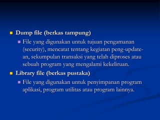    Dump file (berkas tampung)
      File yang digunakan untuk tujuan pengamanan
       (security), mencatat tentang kegiatan peng-update-
       an, sekumpulan transaksi yang telah diproses atau
       sebuah program yang mengalami kekeliruan.
   Library file (berkas pustaka)
      File yang digunakan untuk penyimpanan program
       aplikasi, program utilitas atau program lainnya.
 