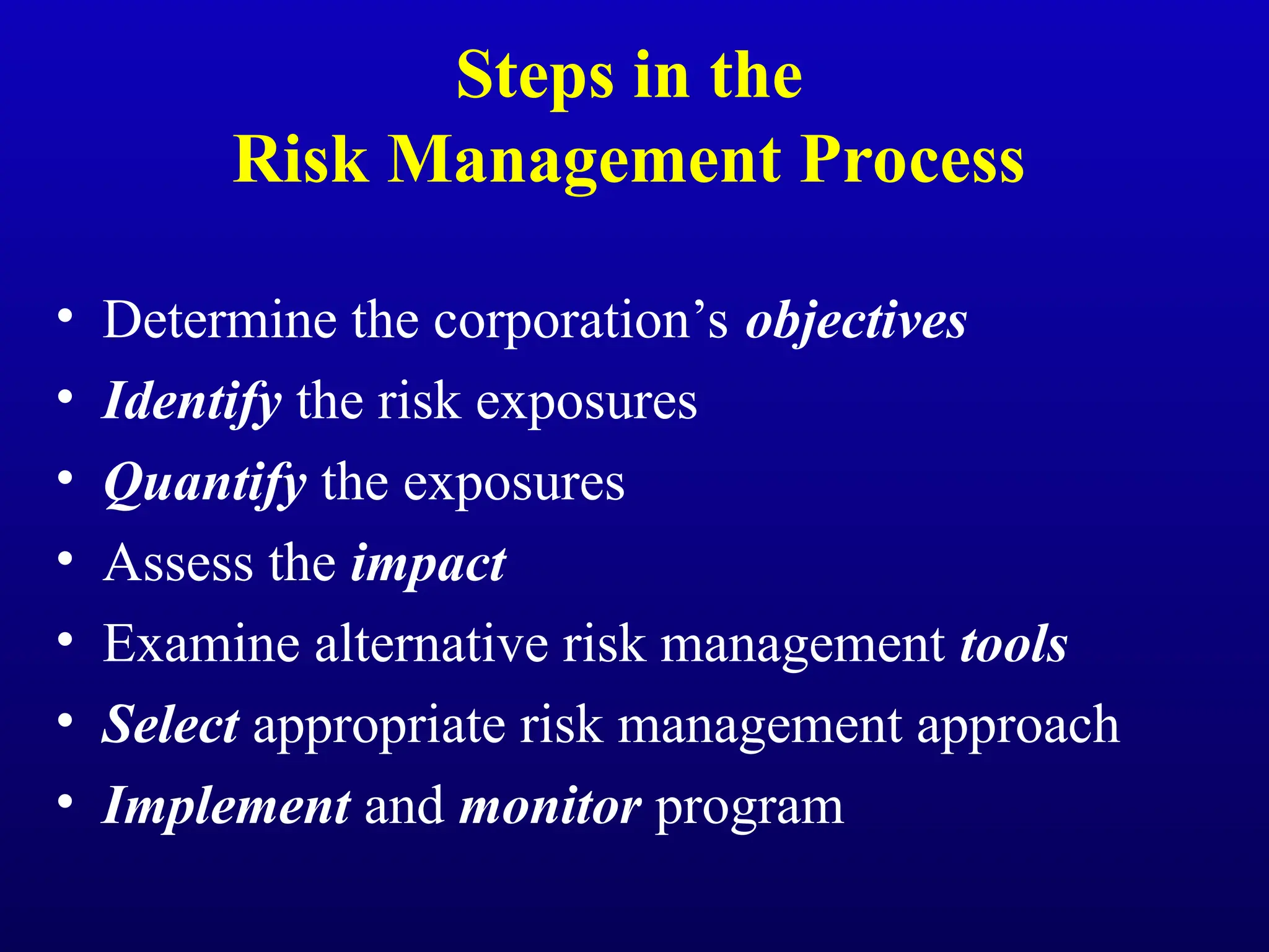 Steps in the
Risk Management Process
• Determine the corporation’s objectives
• Identify the risk exposures
• Quantify the exposures
• Assess the impact
• Examine alternative risk management tools
• Select appropriate risk management approach
• Implement and monitor program
 