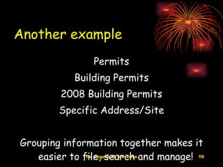 Another example Permits Building Permits 2008 Building Permits Specific Address/Site Grouping information together makes it easier to file, search and manage! 