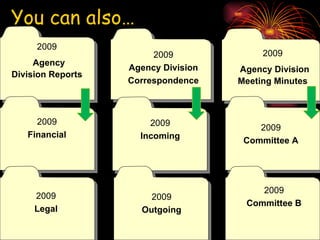 You can also… 2009 Agency Division Reports 2009 Agency Division Correspondence 2009 Agency Division   Meeting Minutes 2009 Financial 2009 Incoming 2009 Committee A 2009 Legal 2009 Outgoing 2009 Committee B 