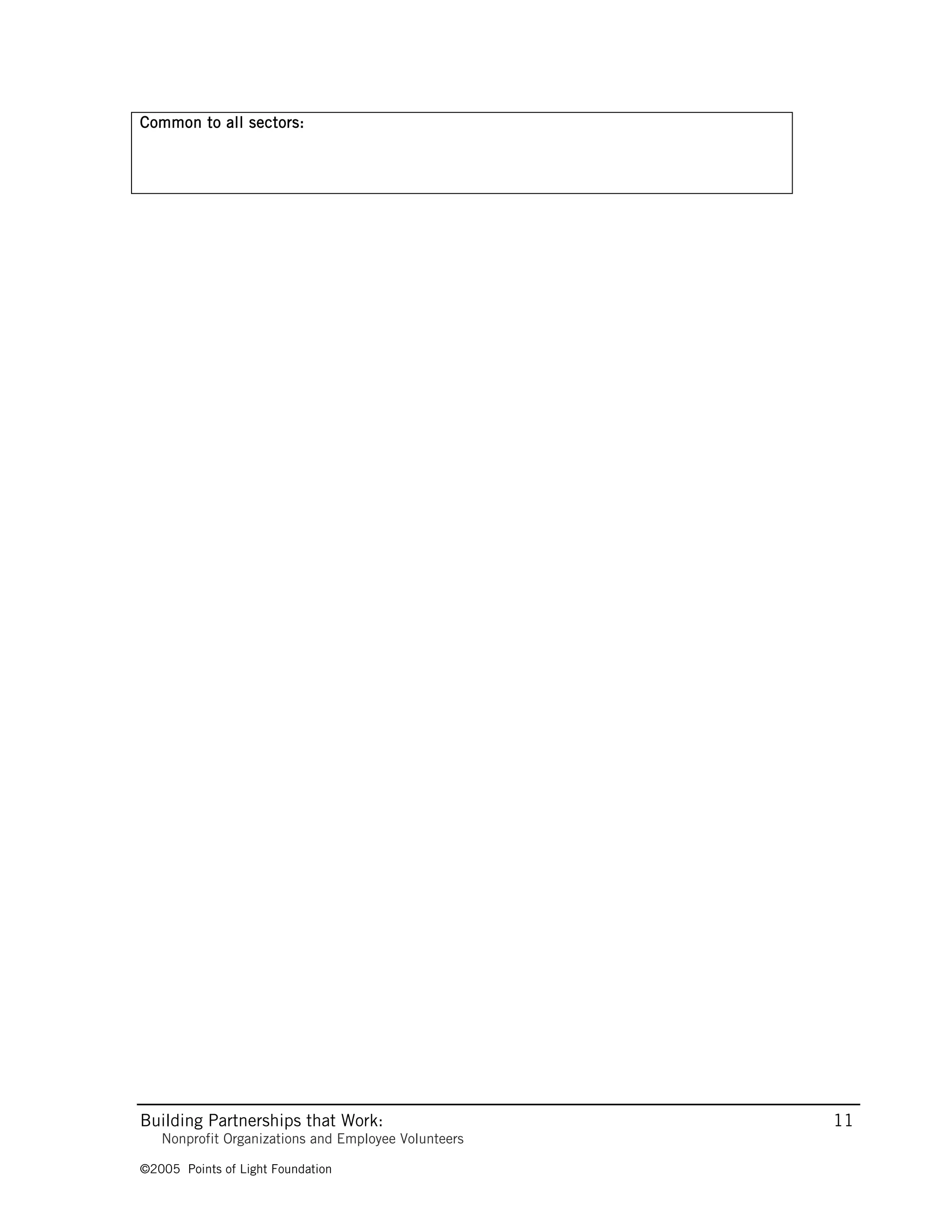 Common to all sectors:




Building Partnerships that Work:                     11
   Nonprofit Organizations and Employee Volunteers

©2005 Points of Light Foundation
 