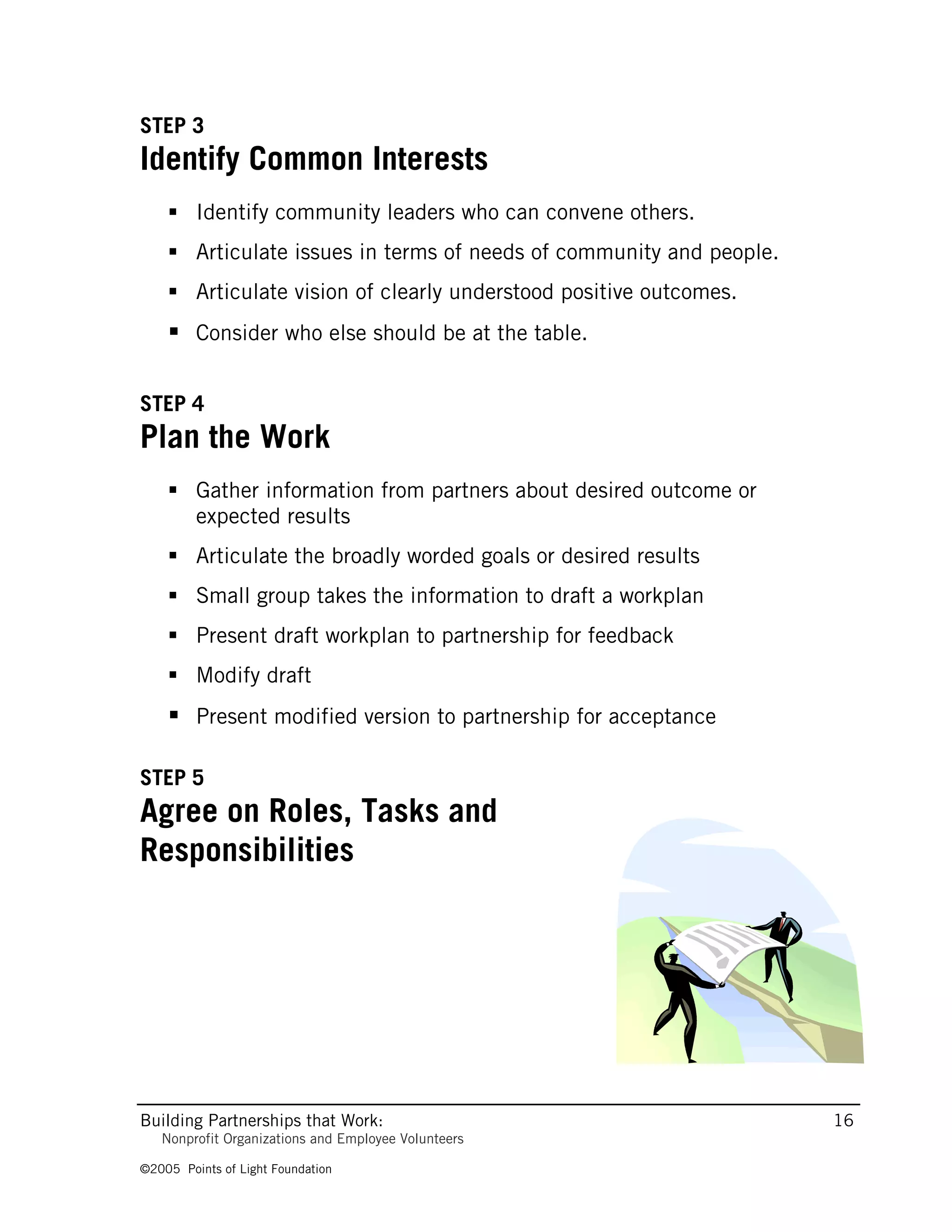 STEP 3
Identify Common Interests
     Identify community leaders who can convene others.
     Articulate issues in terms of needs of community and people.
     Articulate vision of clearly understood positive outcomes.
     Consider who else should be at the table.

STEP 4
Plan the Work
     Gather information from partners about desired outcome or
      expected results
     Articulate the broadly worded goals or desired results
     Small group takes the information to draft a workplan
     Present draft workplan to partnership for feedback
     Modify draft
     Present modified version to partnership for acceptance

STEP 5
Agree on Roles, Tasks and
Responsibilities




Building Partnerships that Work:                                     16
   Nonprofit Organizations and Employee Volunteers

©2005 Points of Light Foundation
 