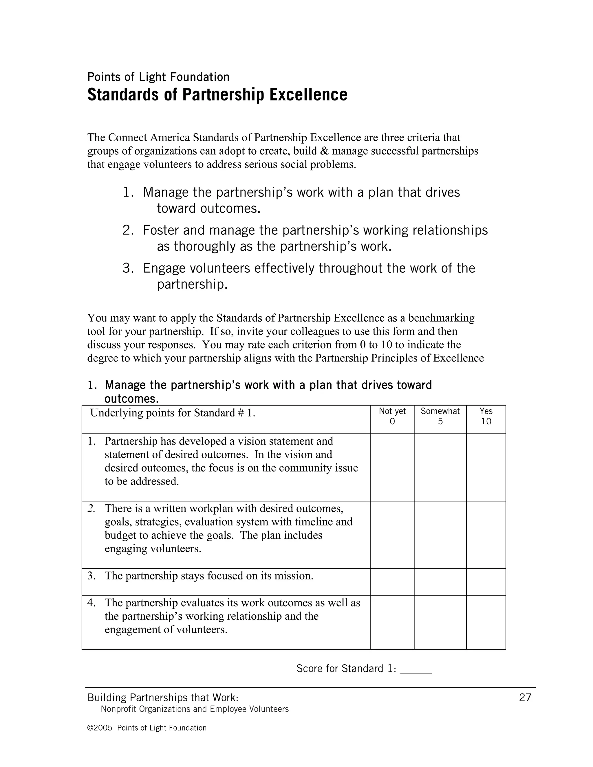 Points of Light Foundation
Standards of Partnership Excellence

The Connect America Standards of Partnership Excellence are three criteria that
groups of organizations can adopt to create, build & manage successful partnerships
that engage volunteers to address serious social problems.

         1. Manage the partnership’s work with a plan that drives
             toward outcomes.
         2. Foster and manage the partnership’s working relationships
              as thoroughly as the partnership’s work.
         3. Engage volunteers effectively throughout the work of the
              partnership.

You may want to apply the Standards of Partnership Excellence as a benchmarking
tool for your partnership. If so, invite your colleagues to use this form and then
discuss your responses. You may rate each criterion from 0 to 10 to indicate the
degree to which your partnership aligns with the Partnership Principles of Excellence

1. Manage the partnership’s work with a plan that drives toward
  outcomes.
Underlying points for Standard # 1.                                   Not yet   Somewhat   Yes
                                                                        0          5       10

1. Partnership has developed a vision statement and
   statement of desired outcomes. In the vision and
   desired outcomes, the focus is on the community issue
   to be addressed.

2. There is a written workplan with desired outcomes,
   goals, strategies, evaluation system with timeline and
   budget to achieve the goals. The plan includes
   engaging volunteers.

3. The partnership stays focused on its mission.

4. The partnership evaluates its work outcomes as well as
   the partnership’s working relationship and the
   engagement of volunteers.


                                                     Score for Standard 1: ______

Building Partnerships that Work:                                                                 27
   Nonprofit Organizations and Employee Volunteers

©2005 Points of Light Foundation
 