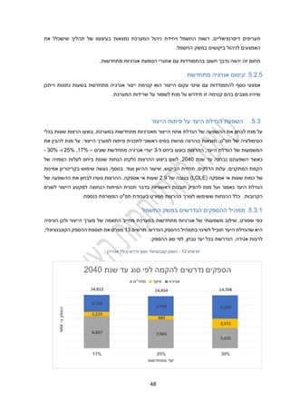 24
‫דיפרנציאליים‬ ‫תעריפים‬
.
‫המערכת‬ ‫ניהול‬ ‫ויחידת‬ ‫החשמל‬ ‫רשות‬
‫נמצאות‬
‫את‬ ‫שישכלל‬ ‫תהליך‬ ‫של‬ ‫בעיצומו‬
‫האמצע‬
‫החשמל‬ ‫במשק‬ ‫ביקושים‬ ‫לניהול‬ ‫ים‬
.
.‫מתחדשות‬ ‫אנרגיות‬ ‫הטמעת‬ ‫אתגרי‬ ‫עם‬ ‫בהתמודדות‬ ‫חשוב‬ ‫נדבך‬ ‫יהווה‬ ‫זה‬ ‫תחום‬
2.2.2
‫מתחדשת‬ ‫אנרגיה‬ ‫קיטום‬
‫קטימת‬ ‫הוא‬ ‫הייצור‬ ‫עקום‬ ‫שינוי‬ ‫עם‬ ‫להתמודדות‬ ‫נוסף‬ ‫אמצעי‬
‫ייצור‬
‫וייתכן‬ ‫נתונות‬ ‫בשעות‬ ‫מתחדשת‬ ‫אנרגיה‬
‫על‬ ‫לשמור‬ ‫מנת‬ ‫על‬ ‫תידרש‬ ‫זו‬ ‫קטימה‬ ‫בהם‬ ‫מצבים‬ ‫שיהיו‬
.‫המערכת‬ ‫שרידות‬
2.3
.
‫הייצור‬ ‫פיתוח‬ ‫על‬ ‫היעד‬ ‫הגדלת‬ ‫השפעת‬
‫בכלי‬ ‫שונות‬ ‫הרצות‬ ‫בוצעו‬ ,‫במערכת‬ ‫מתחדשות‬ ‫מאנרגיות‬ ‫הייצור‬ ‫אחוז‬ ‫הגדלת‬ ‫של‬ ‫ההשפעה‬ ‫את‬ ‫לבחון‬ ‫מנת‬ ‫על‬
‫תוצא‬ .‫תפ"ט‬ ‫של‬ ‫הסימולציה‬
‫ו‬
‫ההרצה‬ ‫ת‬
‫ל‬ ‫ראשוני‬ ‫בסיס‬ ‫מהוות‬
‫את‬ ‫להבין‬ ‫מנת‬ ‫על‬ .‫הייצור‬ ‫למערך‬ ‫פיתוח‬ ‫תכנית‬
,‫היעד‬ ‫הגדלת‬ ‫של‬ ‫המשמעות‬
‫ל‬ ‫ביחס‬ ‫בוצעו‬ ‫ההרצות‬
-
3
‫שונים‬ ‫מתחדשת‬ ‫אנרגיה‬ ‫יעדי‬
–
12%
,
22%
‫ו‬
-
30%
-
‫כאשר‬
‫ה‬
‫שפעתם‬
‫נבחנה‬
‫שנת‬ ‫עד‬
2020
‫של‬ ‫הצפויה‬ ‫לעלות‬ ‫ביחס‬ ‫שונות‬ ‫הנחות‬ ‫נלקחו‬ ‫ההרצות‬ ‫ביצוע‬ ‫לשם‬ .
‫אמינות‬ ‫בקריטריון‬ ‫שימוש‬ ‫נעשה‬ ,‫בנוסף‬ .‫ועוד‬ ‫ההיוון‬ ‫שיעור‬ ,‫הביקוש‬ ‫תחזית‬ ,‫הדלקים‬ ‫עלות‬ ,‫המתקנים‬ ‫הקמת‬
‫כמו‬ ‫של‬
( ‫אספקה‬ ‫אי‬ ‫שעות‬ ‫ת‬
LOLE
‫של‬ ‫בגובה‬ )
2.9
‫של‬ ‫ההשפעה‬ ‫את‬ ‫לבחון‬ ‫נועדו‬ ‫ההרצות‬ .‫אספקה‬ ‫אי‬ ‫שעות‬
‫ל‬ ‫מנת‬ ‫ועל‬ ‫כאמור‬ ‫היעד‬ ‫הגדלת‬
‫ראשוניות‬ ‫תובנות‬ ‫הפיק‬
‫הפיתוח‬ ‫תכנית‬ ‫בדבר‬
‫הנחוצה‬
‫לשנים‬ ‫הייצור‬ ‫למקטע‬
‫הקרובות‬
.
‫כל‬
‫ל‬
‫ההרצות‬ ‫לצורך‬ ‫ששימשו‬ ‫ההנחות‬
‫מפורט‬
‫תפ"ט‬ ‫בעבודת‬
.‫כנספח‬ ‫המצורפת‬
2.3.1
‫הה‬ ‫תמהיל‬
‫ספקים‬
‫החשמל‬ ‫במשק‬ ‫הנדרשים‬
‫הציפיה‬ ‫ולכן‬ ‫הייצור‬ ‫מערך‬ ‫של‬ ‫התאמה‬ ‫מחייב‬ ‫במערכת‬ ‫מתחדשות‬ ‫אנרגיות‬ ‫של‬ ‫משמעותי‬ ‫שילוב‬ ,‫שפורט‬ ‫כפי‬
‫תרשים‬ .‫הנדרש‬ ‫ההספק‬ ‫בתמהיל‬ ‫לשינוי‬ ‫תוביל‬ ‫היעד‬ ‫שהגדלת‬ ‫היא‬
13
‫הקונבנציונלי‬ ‫ההספק‬ ‫תוספת‬ ‫את‬ ‫מפרט‬
,
‫אגירה‬ ‫לרבות‬
,
:‫ההספק‬ ‫סוג‬ ‫לפי‬ ,‫נבחן‬ ‫יעד‬ ‫בכל‬ ‫הנדרשת‬
‫תרשים‬
12
-
)‫אגירה‬ ‫(כולל‬ ‫נדרש‬ ‫נוסף‬ ‫קונבנציונלי‬ ‫הספק‬
 